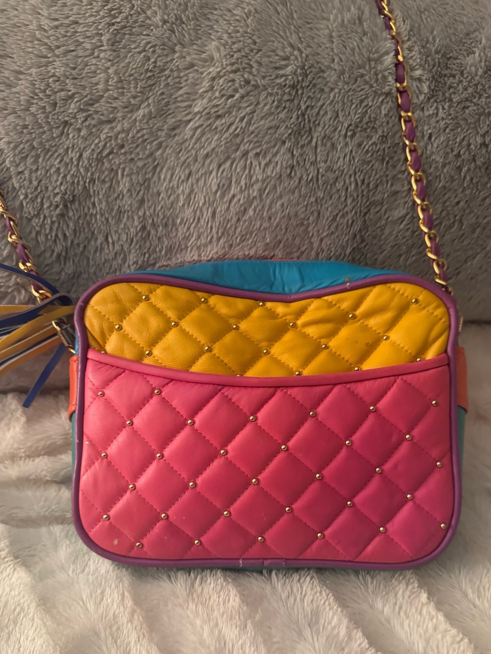 Colorblock Quilted Crossbody Bag in Pink and Yellow Genuine Leather